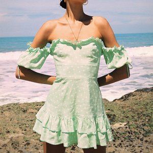 Finders Keepers Off Shoulder Ruffle Wildflower Mini Dress in Mint Ditsy $145 M 6